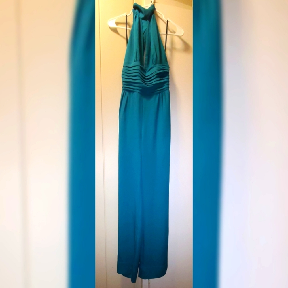 BEBE Halter Long Pants Romper - Teal - Size: Small
